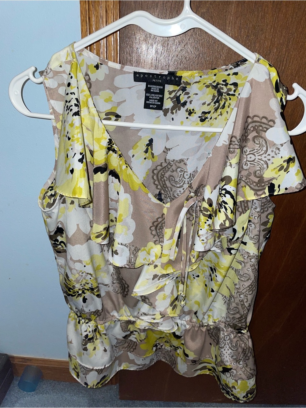 Apostrophe Yellow & Taupe Floral Ruffle Blouse